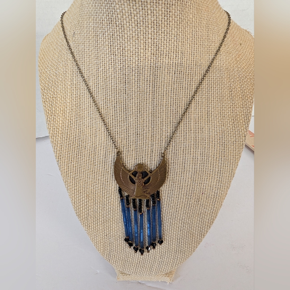 Vintage Necklace Art Deco 1920Blue Gold Egyptian Lady Blue Tassel 145$